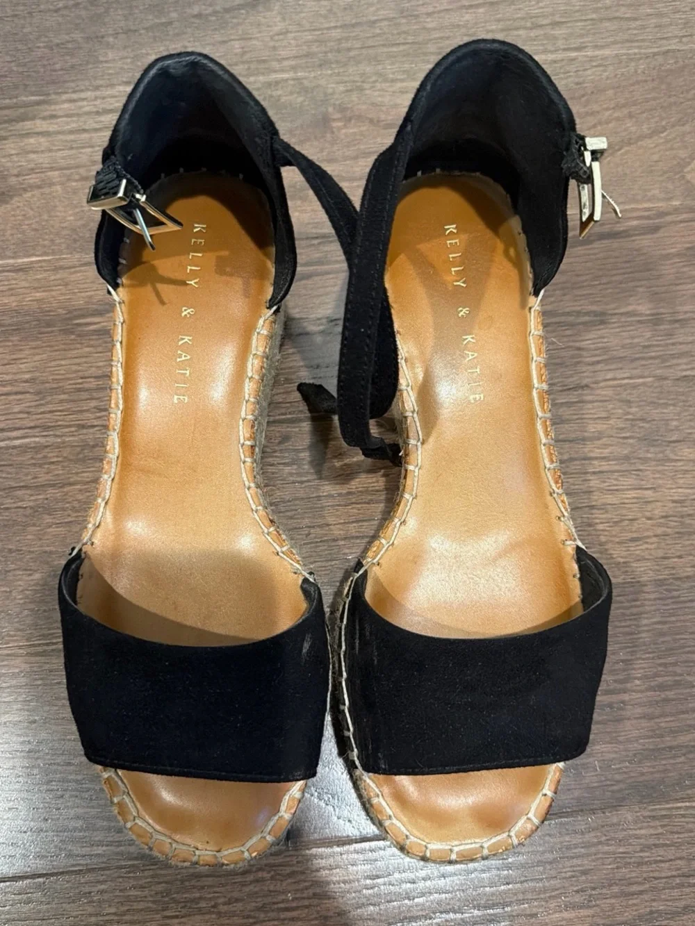 Kelly & Katie Black Suede Espadrille Wedge Sandals